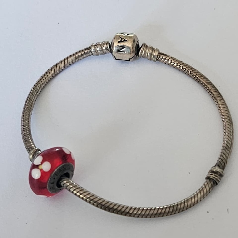 Pandora 925 Silver Bracelet with Red and White Charm